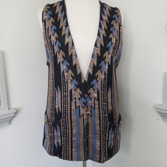 Brenda French Tops - Brenda French Vintage Vest Top Tunic Pockets Black Blue Tan Stripes Motif sz 2